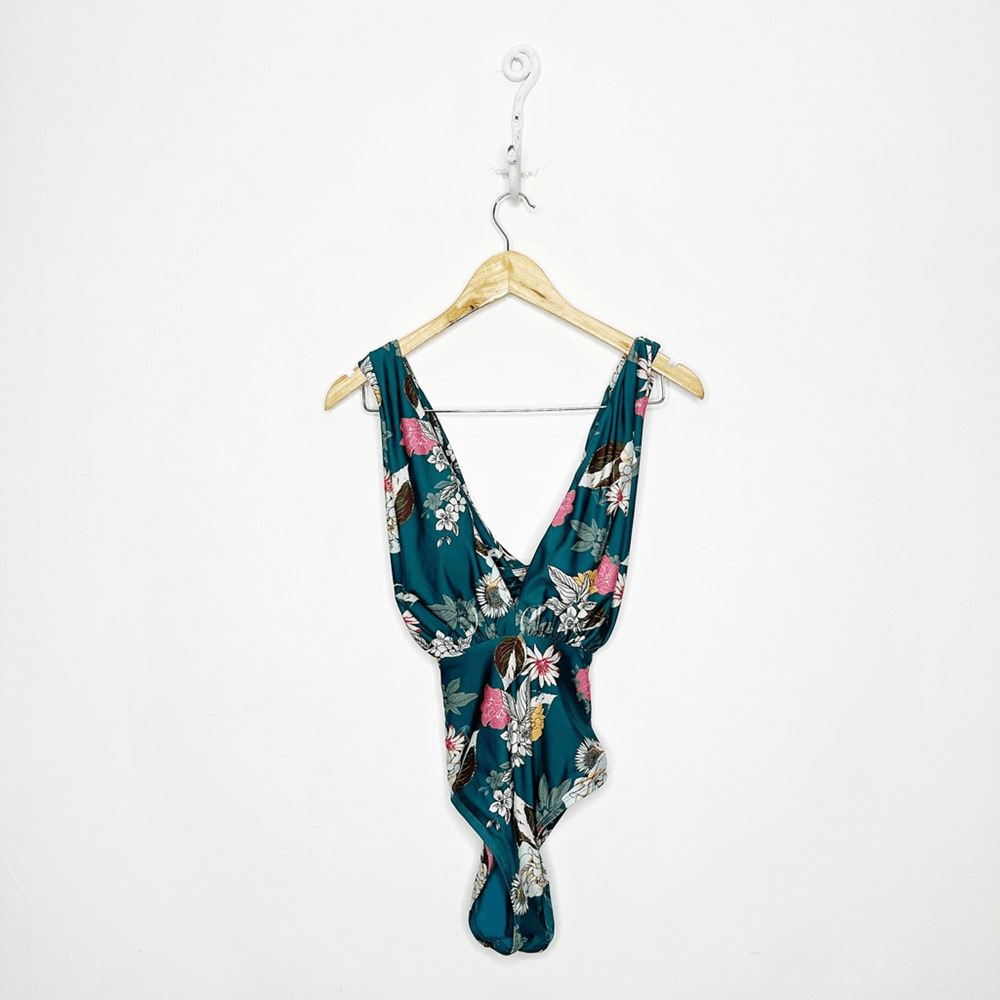 MODCLOTH The Lauren One Piece Swimsuit Teal FLORAL retroo womens s SMALL